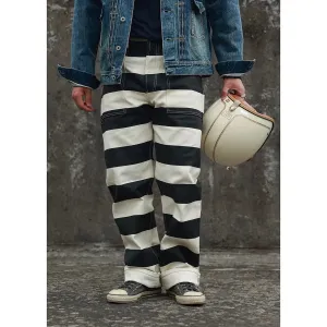 16oz Prison Pants Multi-Pockets Motorcycle Trousers - Black White Striped