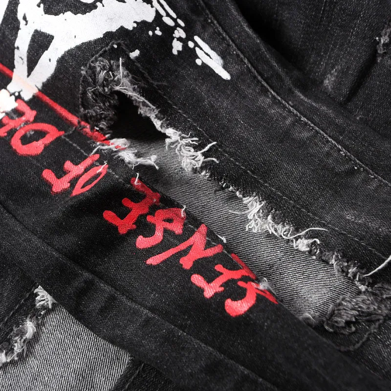 Black Letter Print Ripped Skinny Denim Jeans