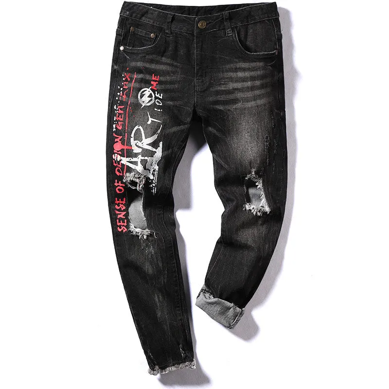 Black Letter Print Ripped Skinny Denim Jeans