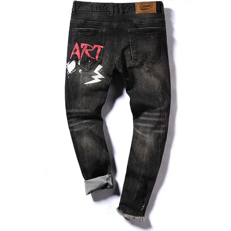 Black Letter Print Ripped Skinny Denim Jeans