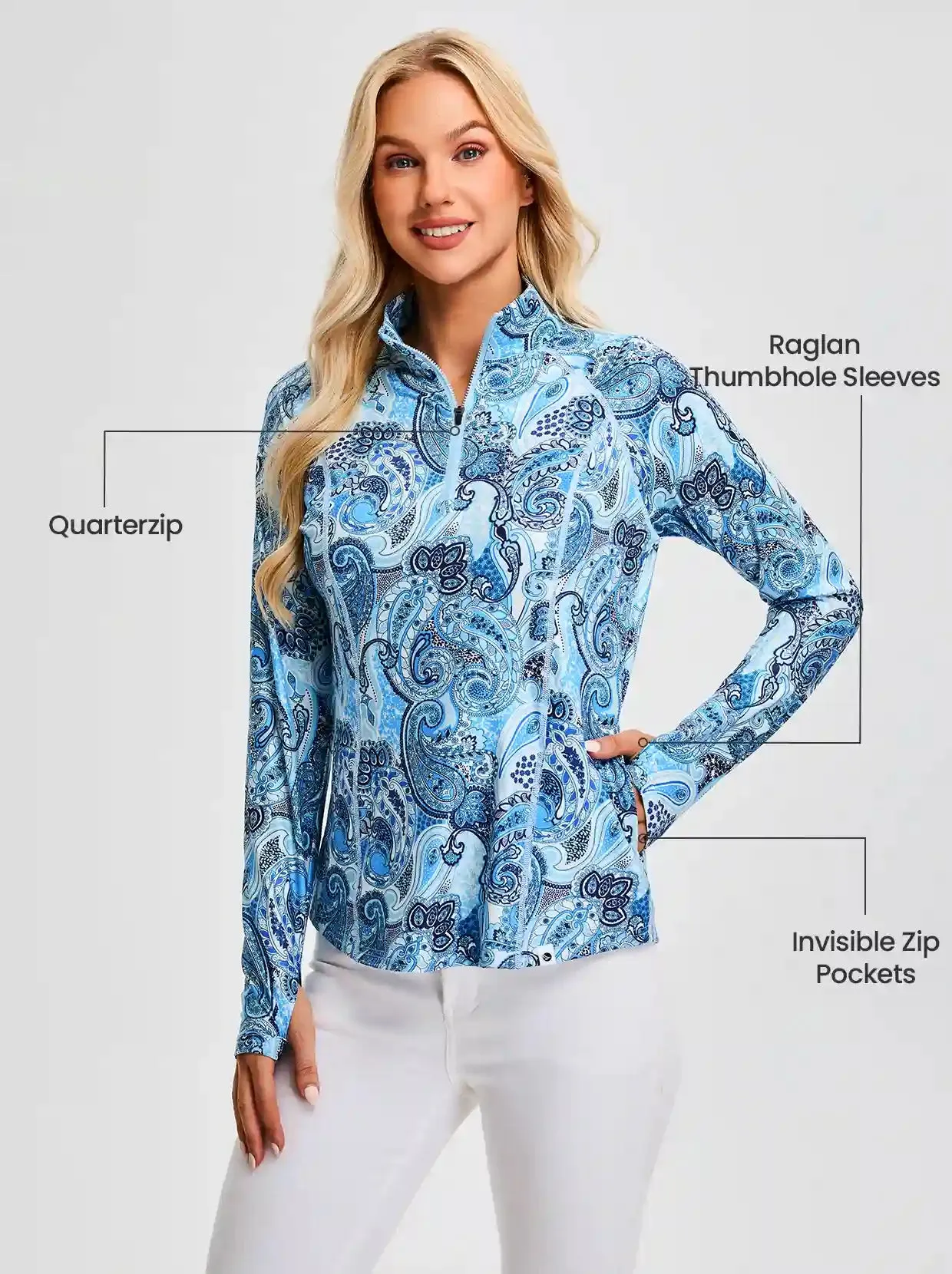 Blue Paisley Quarter-zip Long-sleeve Fleece Tops for Women