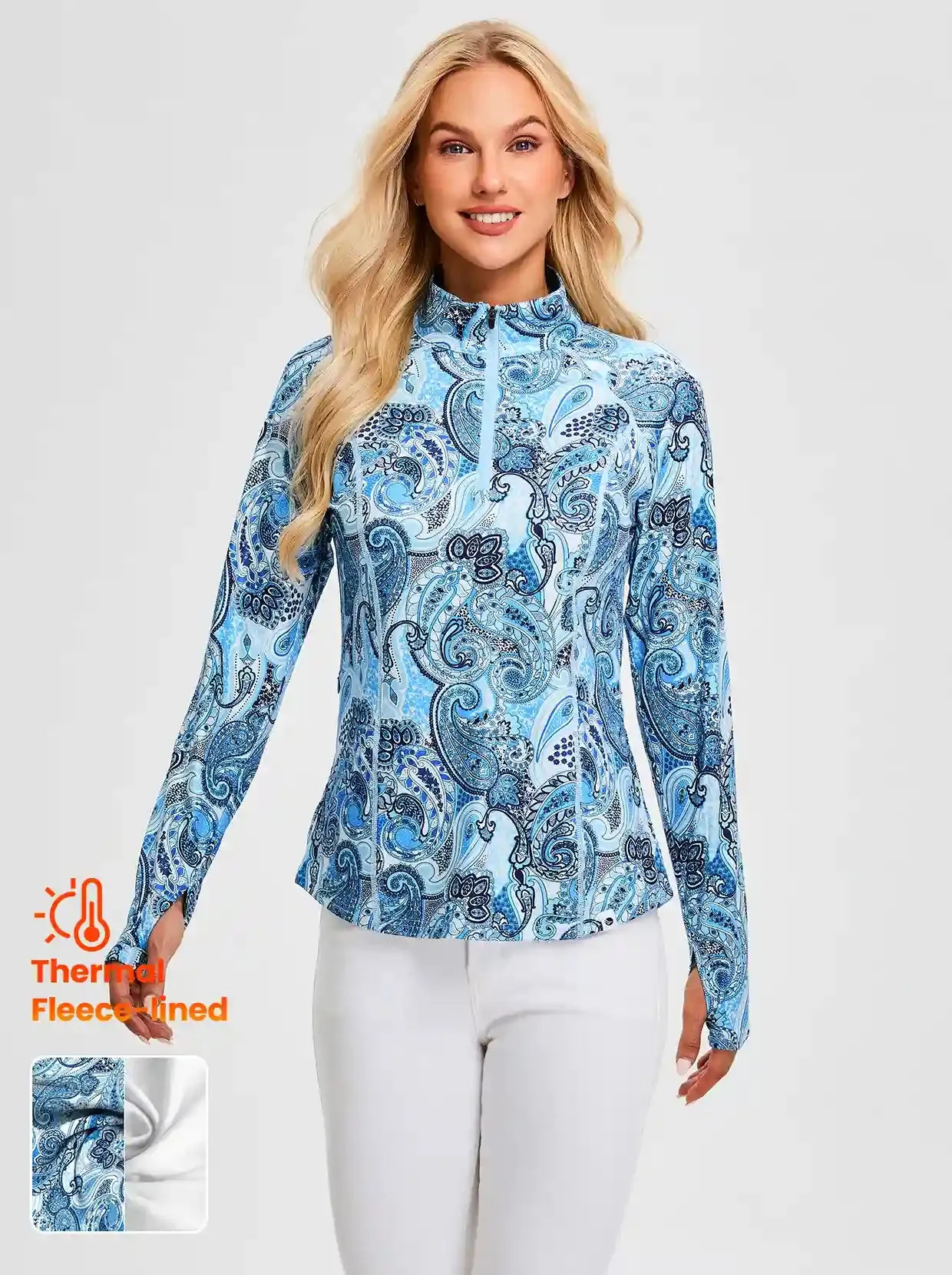 Blue Paisley Quarter-zip Long-sleeve Fleece Tops for Women