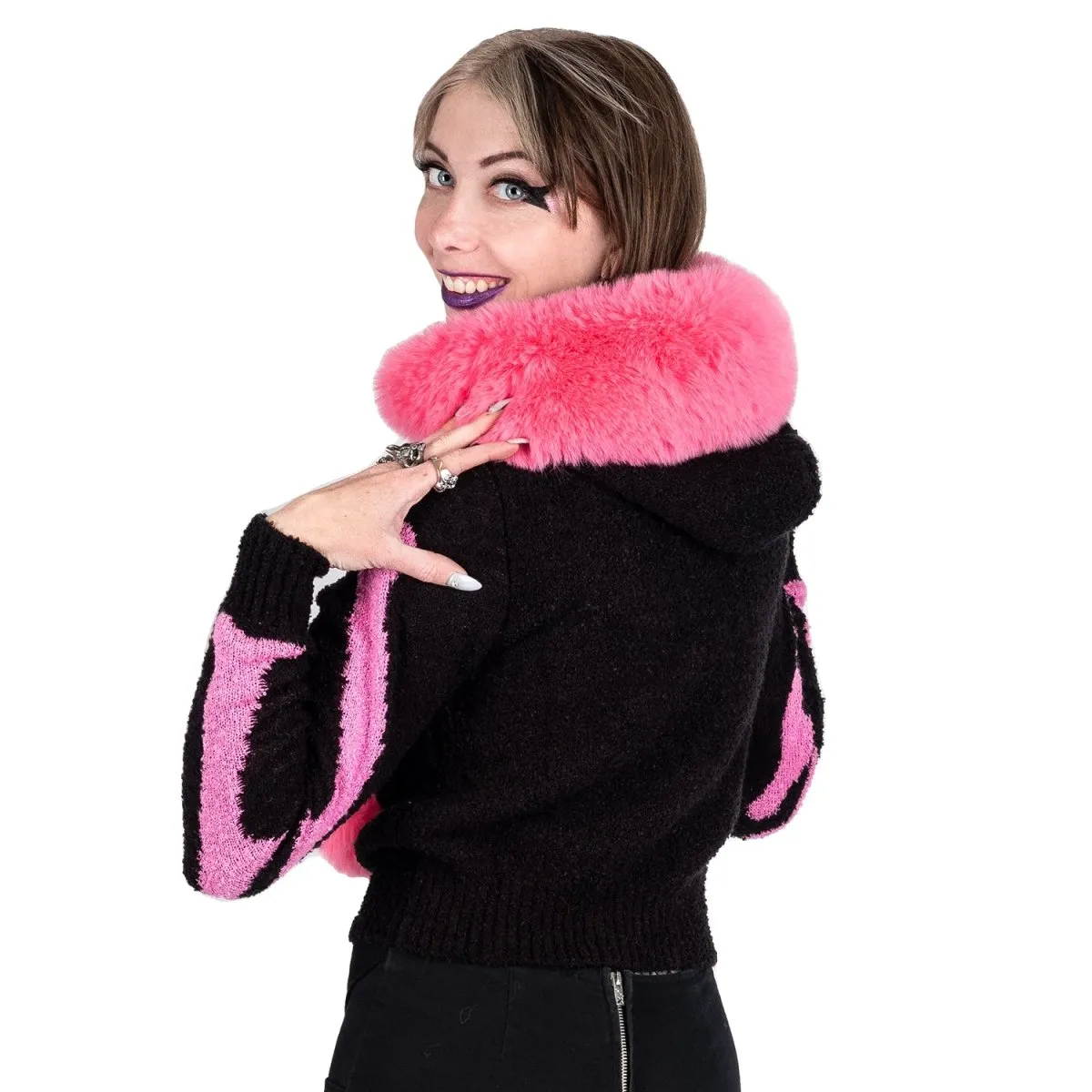 Bony Rib Cage Skelly Pink Fur Cardigan