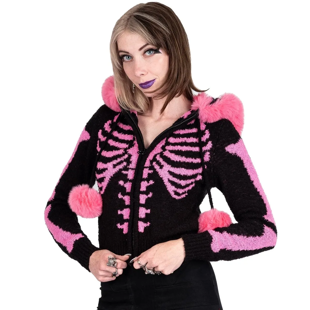 Bony Rib Cage Skelly Pink Fur Cardigan