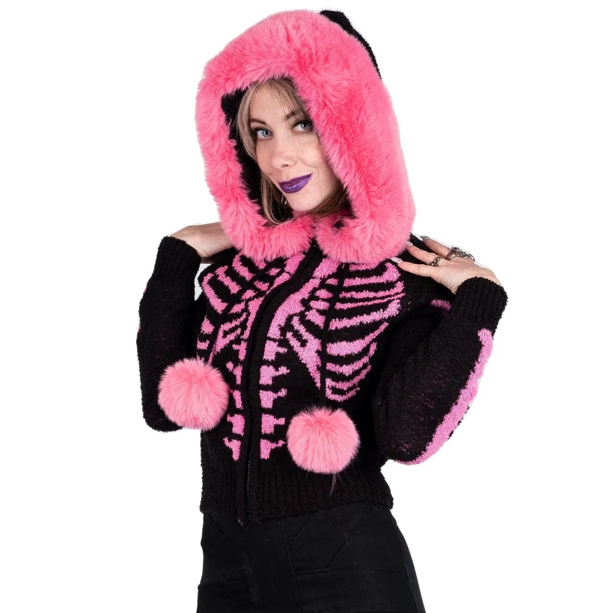 Bony Rib Cage Skelly Pink Fur Cardigan