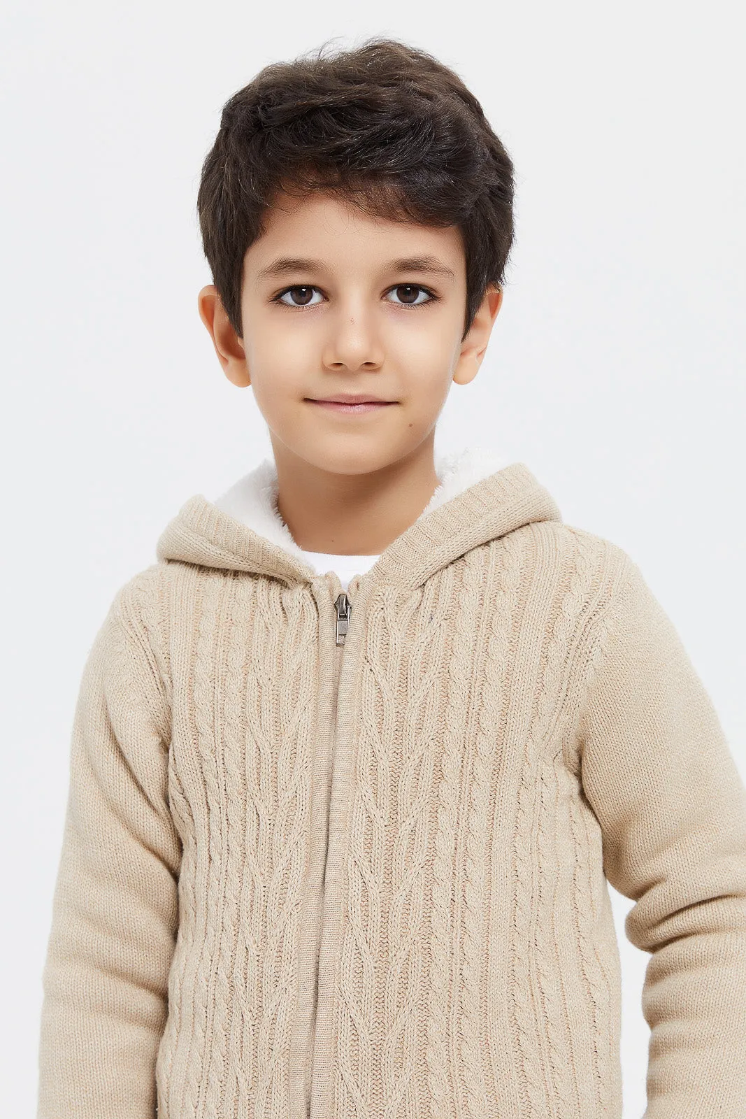 Boys Beige Knitted Hooded Zipper Cardigan