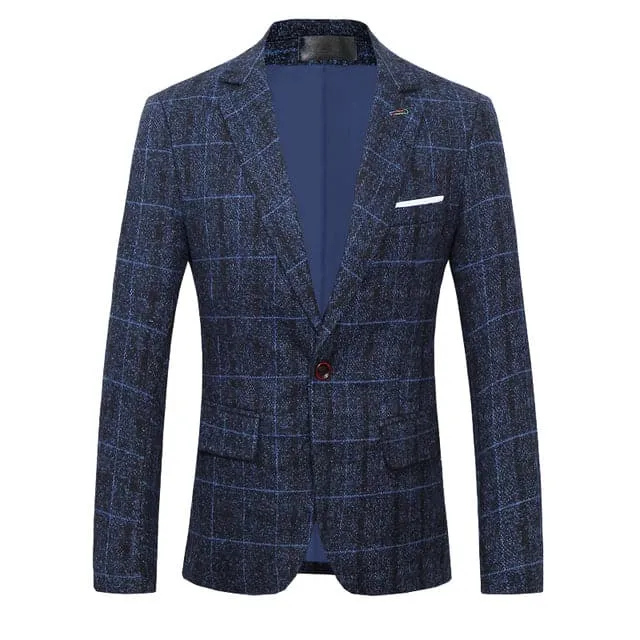 BRADLEY Men's Fashion Premium Quality Navy Blue Gray & Khaki Brown Plaid Style Blazer Suit Jacket