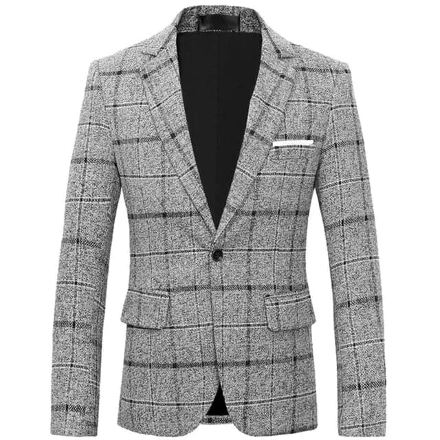 BRADLEY Men's Fashion Premium Quality Navy Blue Gray & Khaki Brown Plaid Style Blazer Suit Jacket