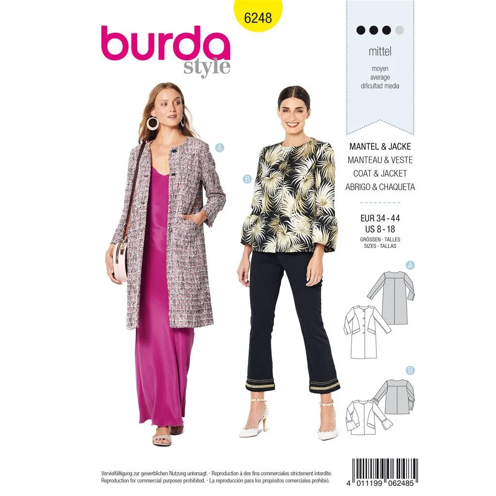 Burda Style Pattern 6248 Misses' Coat - Jacket - Collarless