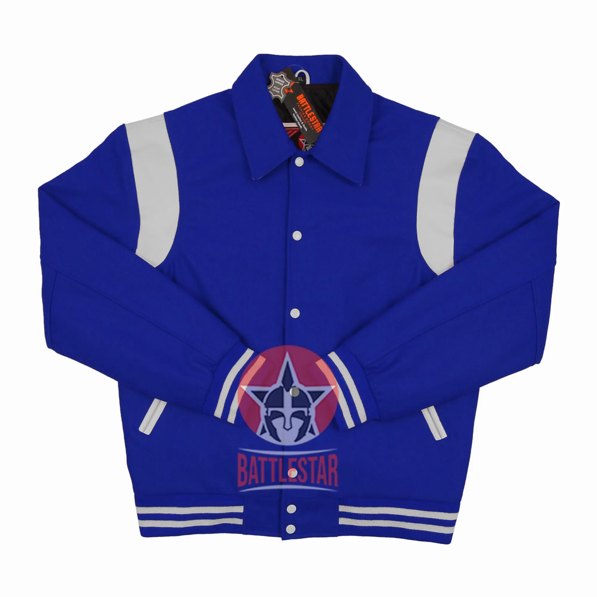 Byron Collar Royal Blue Wool White Leather Stripes Varsity Baseball Jacket