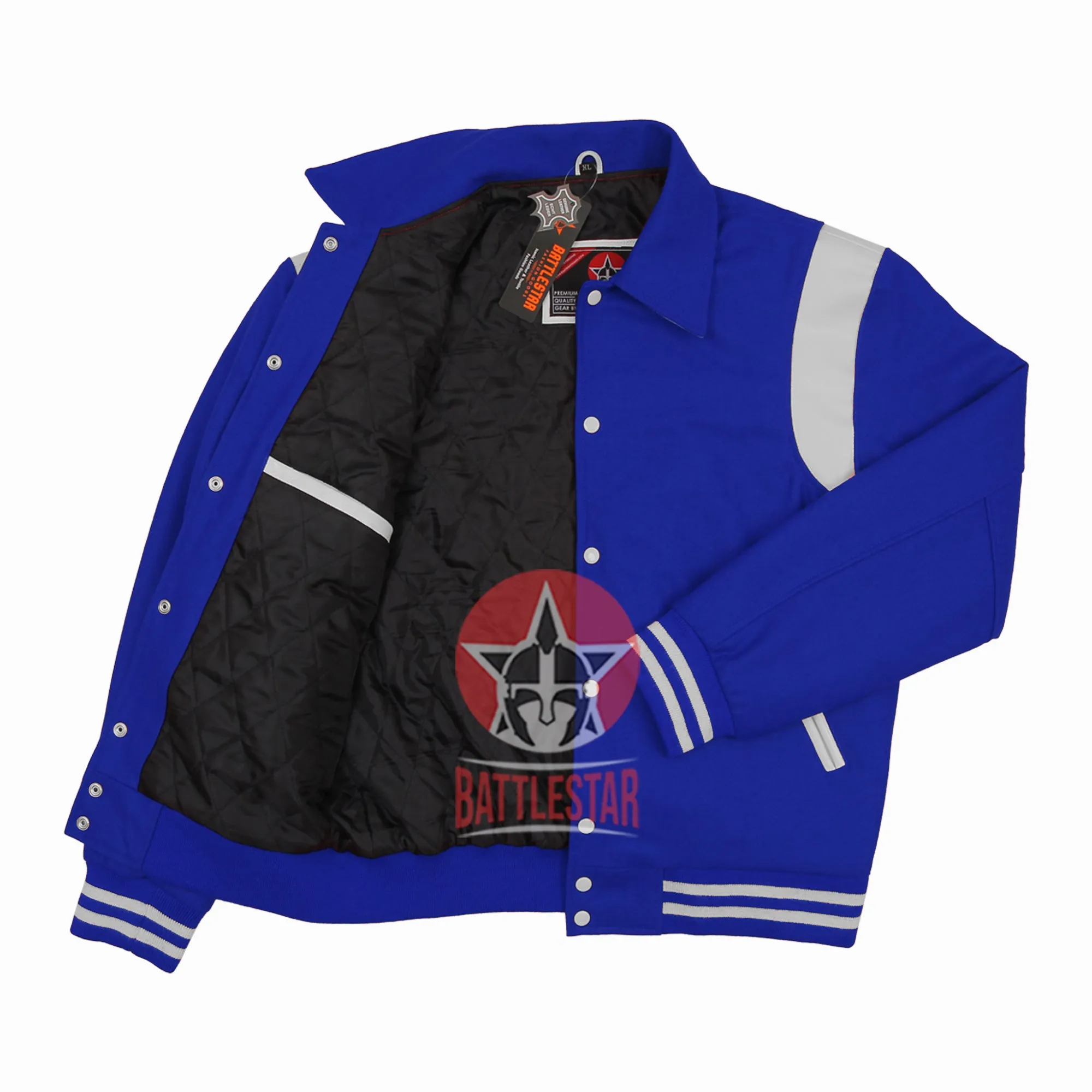 Byron Collar Royal Blue Wool White Leather Stripes Varsity Baseball Jacket