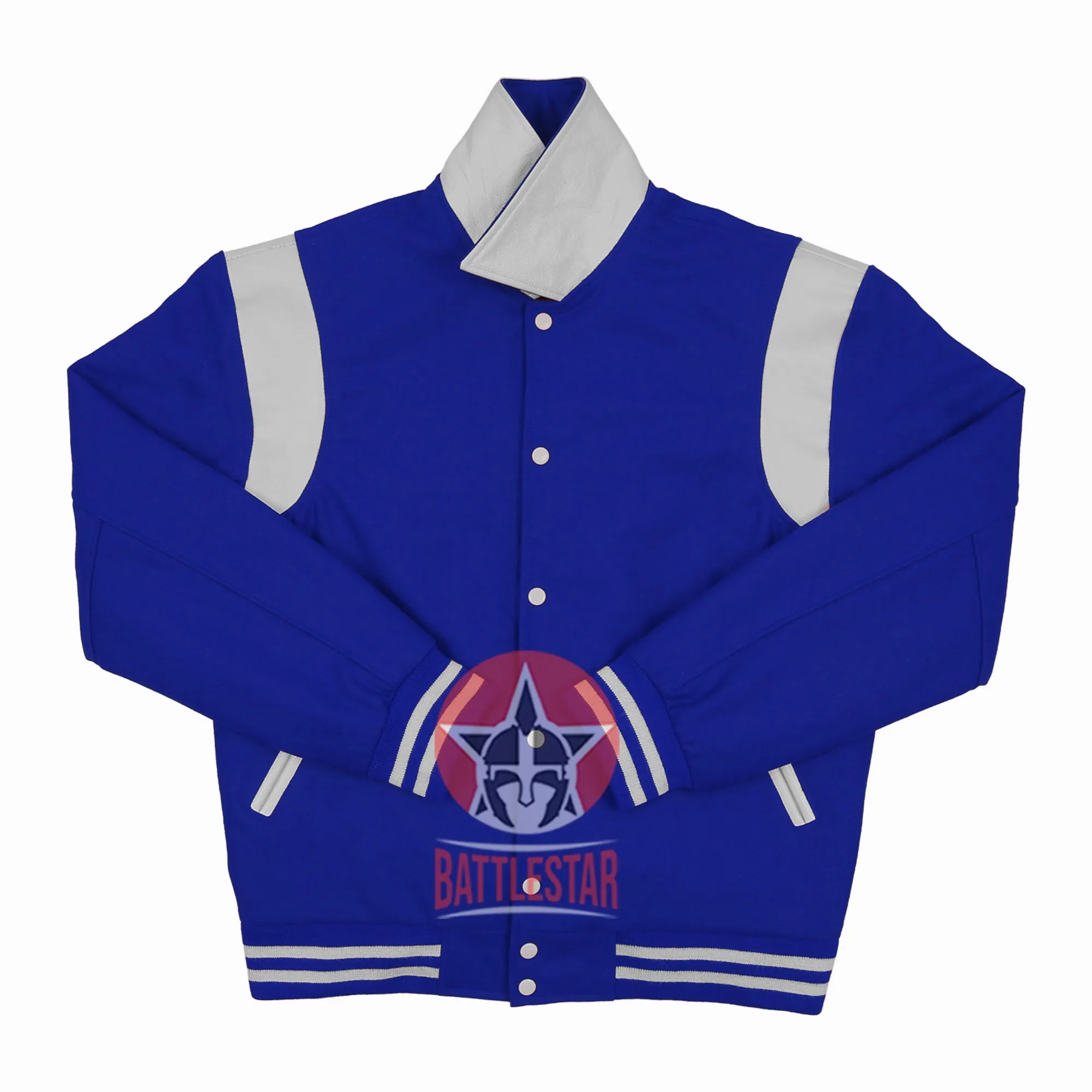 Byron Collar Royal Blue Wool White Leather Stripes Varsity Baseball Jacket