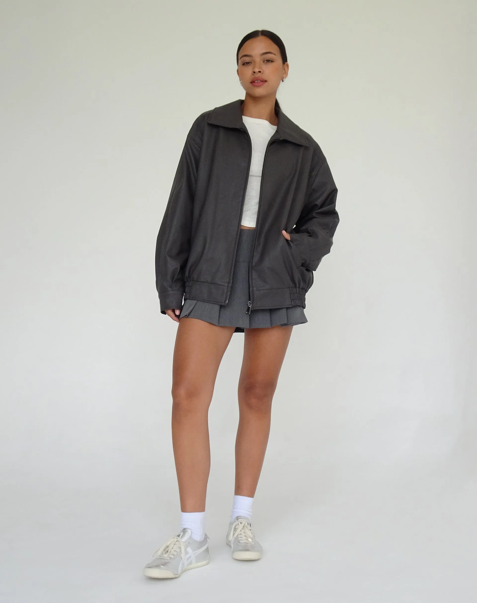 Cavita PU Jacket in Grey with Black Top Stitch