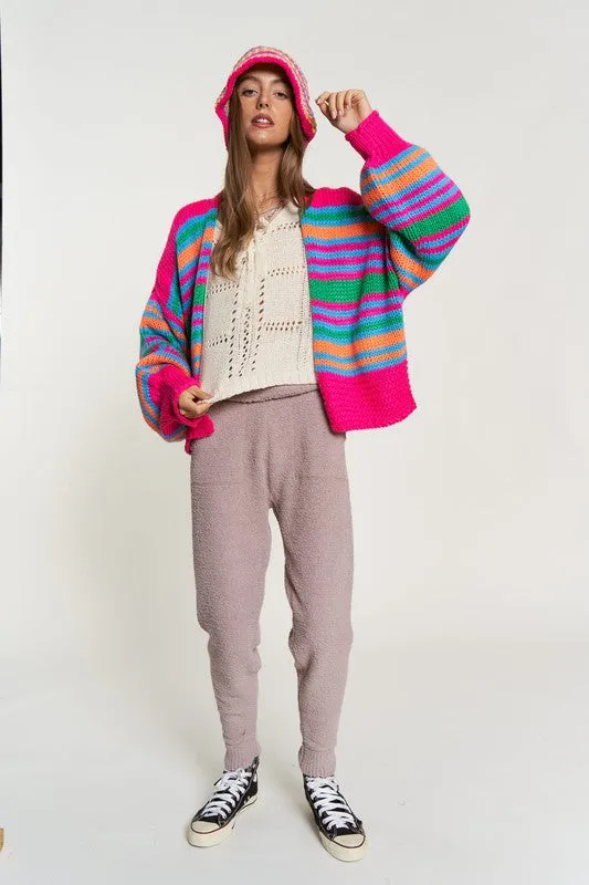 Chunky Knit Multi-Striped Open Sweater Cardigan