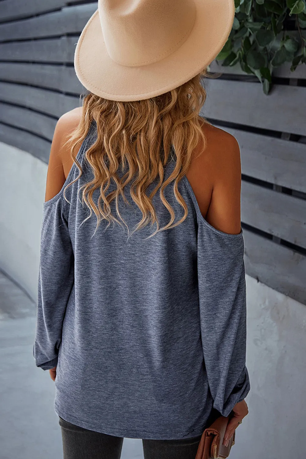 Cold Shoulder Grey Casual T-shirt with Long Sleeves