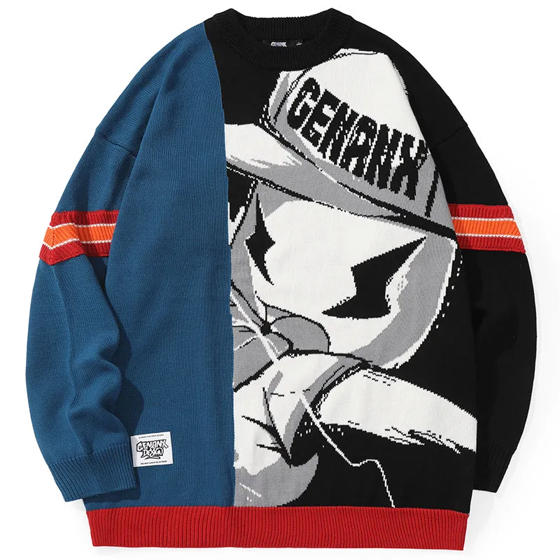 Color Block Spliced Cartoon Jacquard Sweater