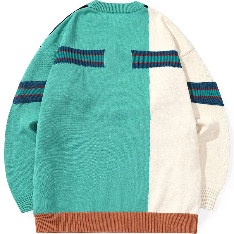 Color Block Spliced Cartoon Jacquard Sweater