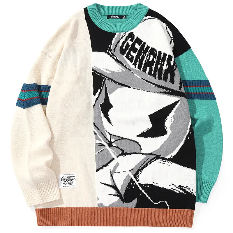 Color Block Spliced Cartoon Jacquard Sweater