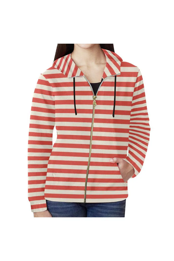 Coral Orange Mini Stripes All Over Print Full Zip Hoodie for Women (Model H14)