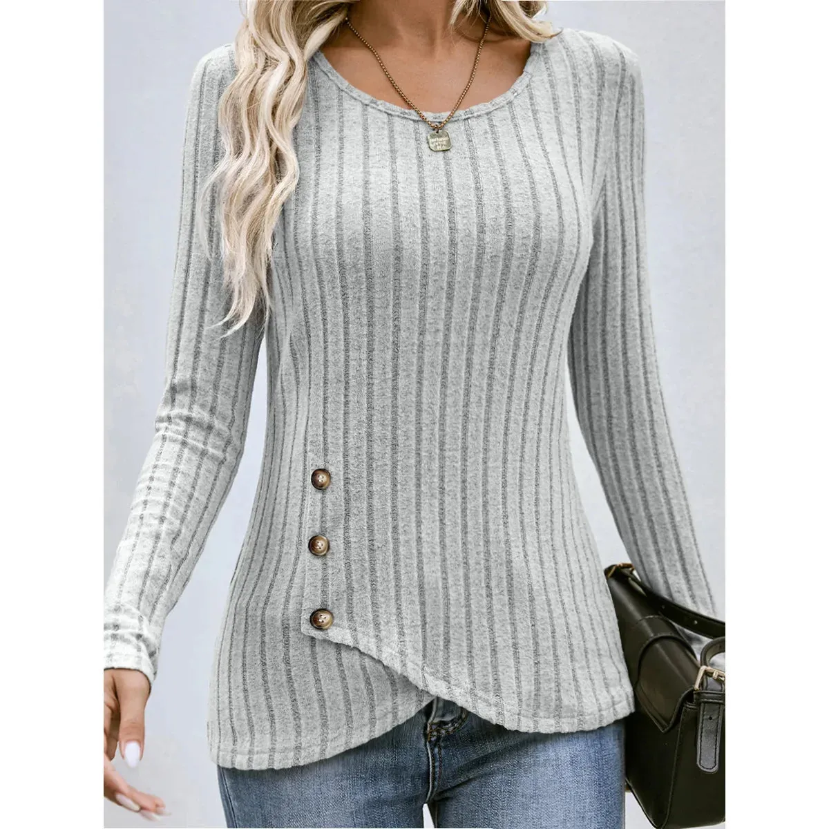 FashionSierra - Fashionable Casual Solid Color Waist Round Neck Comfortable Tight Long Sleeve Blouse