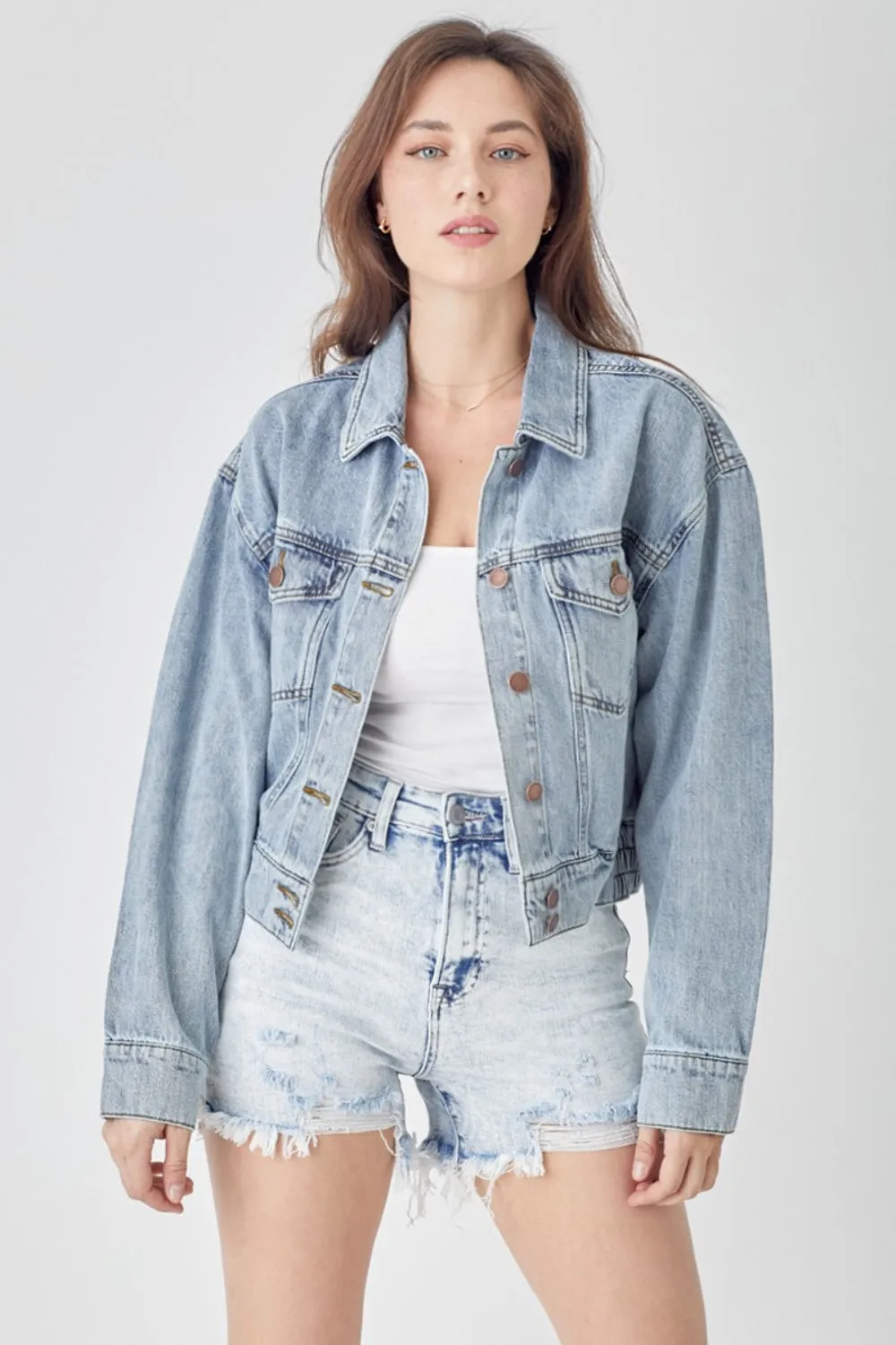 Full Size Button Down Cropped Denim Jacket