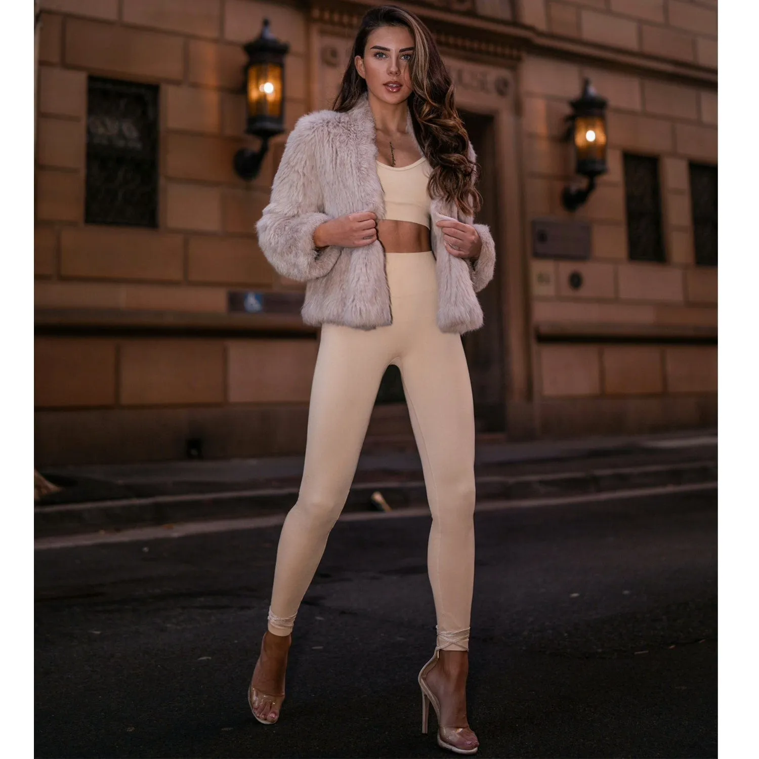 JANE Beige Long Sleeve Classic Fur Jacket