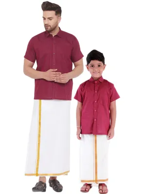 Jashvi Men's & Boys Maroon Solid Cotton Blend Half Sleeve Ethnic Shirt And Mundu Set