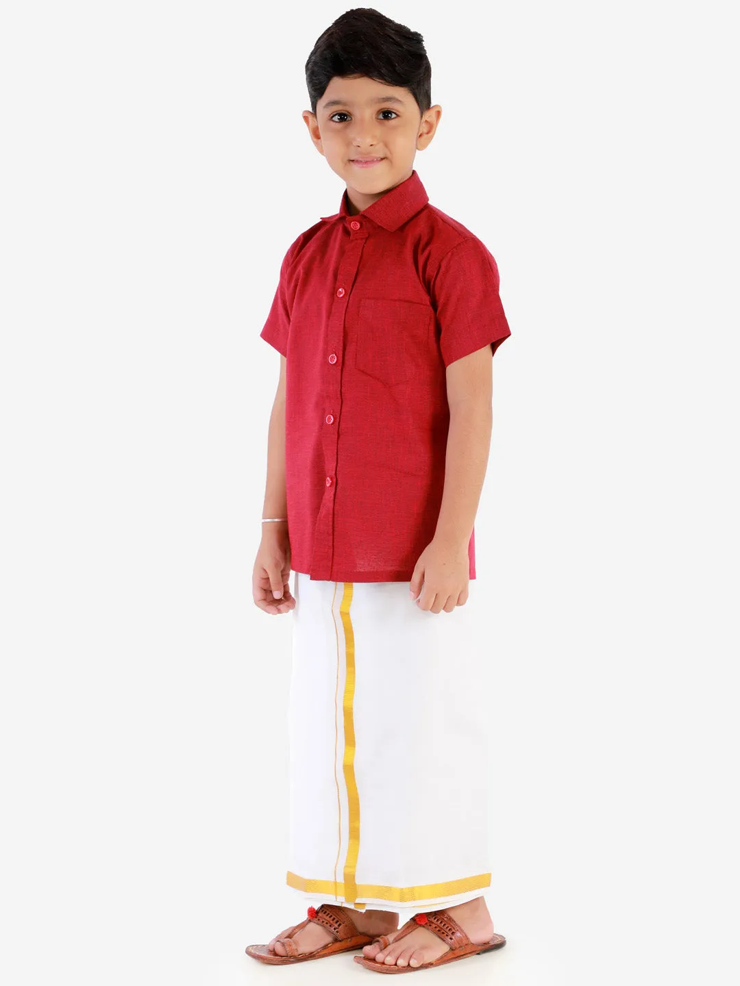 Jashvi Men's & Boys Maroon Solid Cotton Blend Half Sleeve Ethnic Shirt And Mundu Set