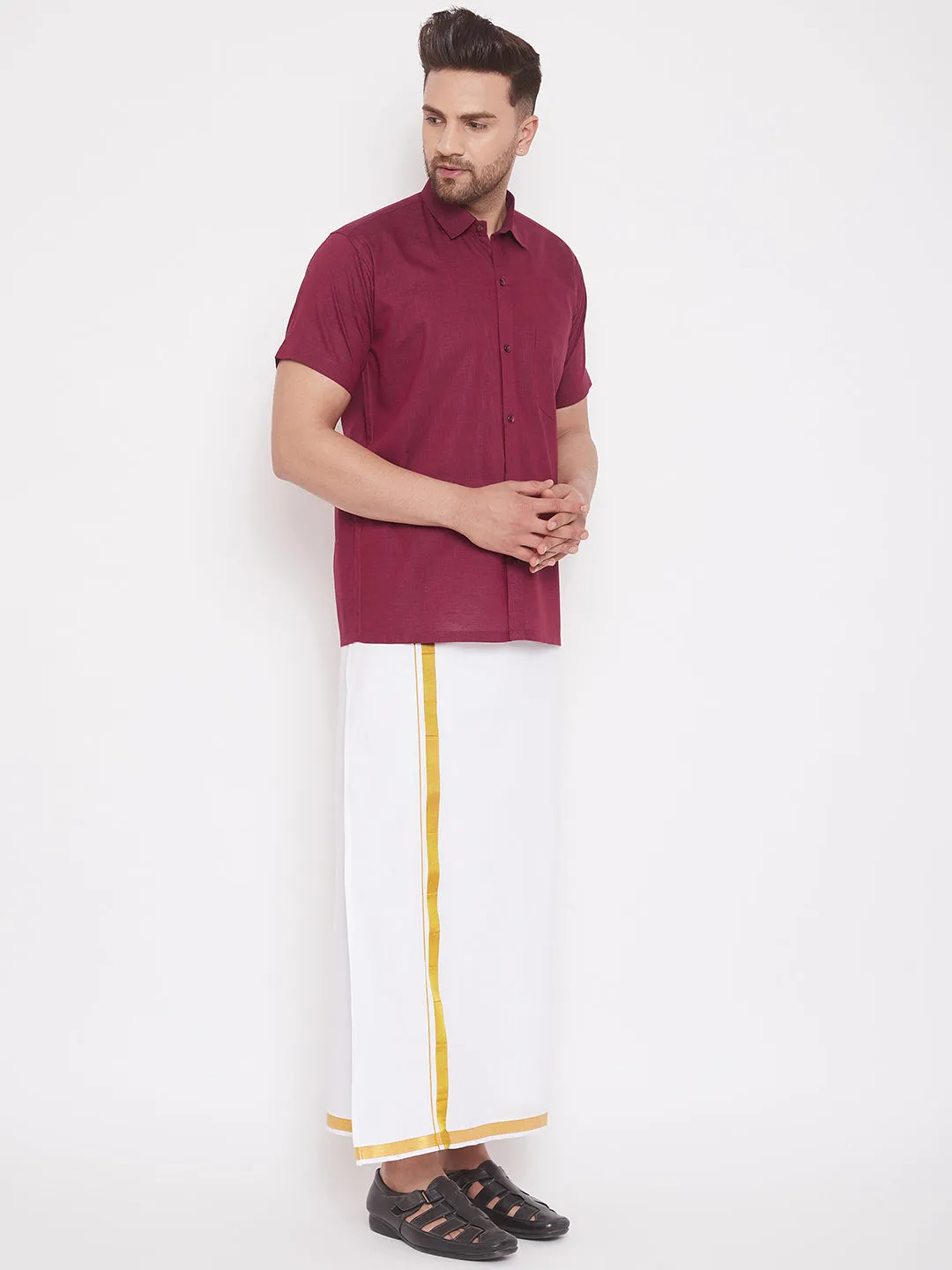 Jashvi Men's & Boys Maroon Solid Cotton Blend Half Sleeve Ethnic Shirt And Mundu Set