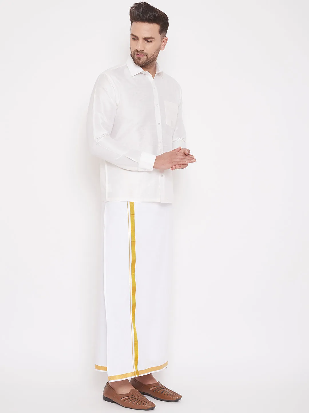 Jashvi Men's & Boys White Solid Silk Blend Full Sleeve Ethnic Shirt And Mundu Set