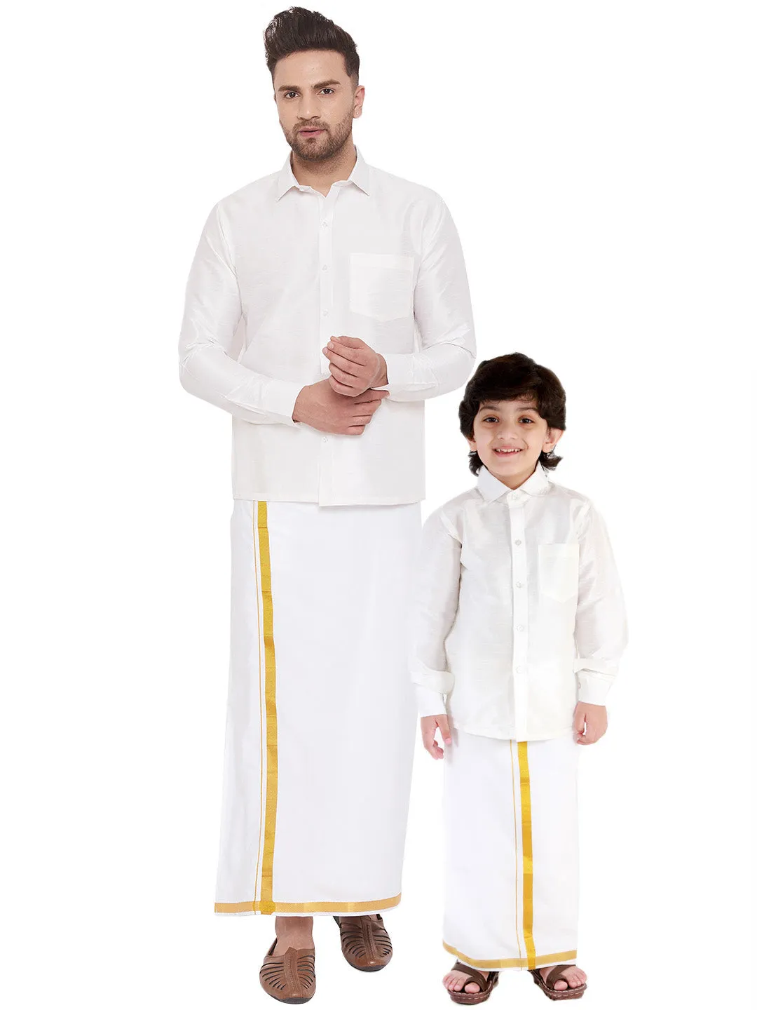 Jashvi Men's & Boys White Solid Silk Blend Full Sleeve Ethnic Shirt And Mundu Set