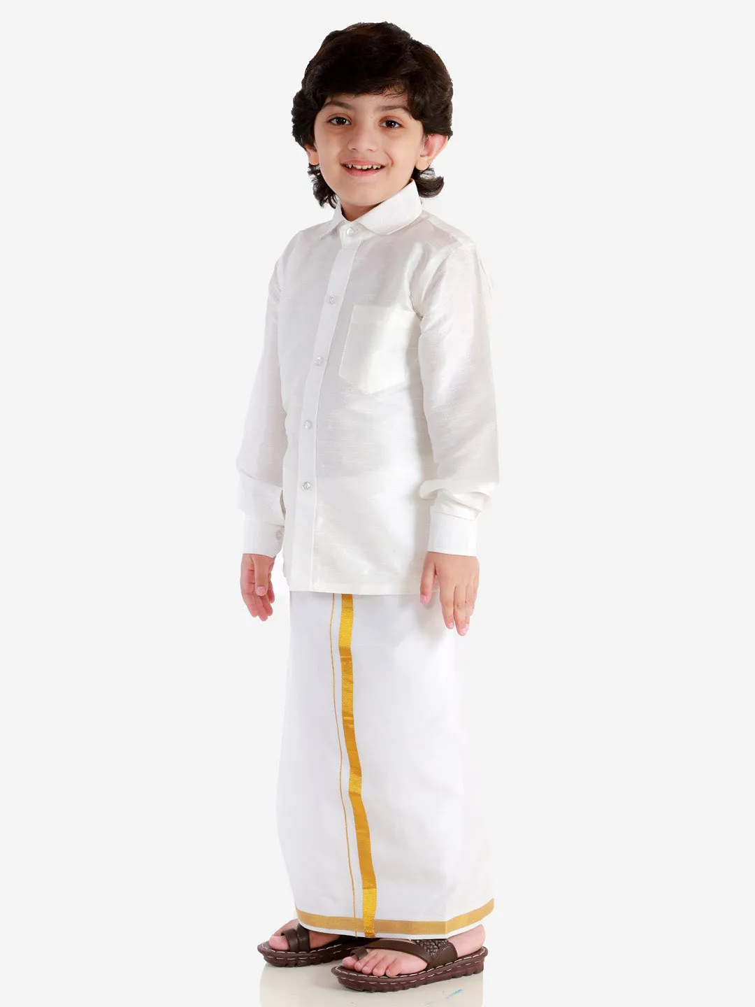 Jashvi Men's & Boys White Solid Silk Blend Full Sleeve Ethnic Shirt And Mundu Set