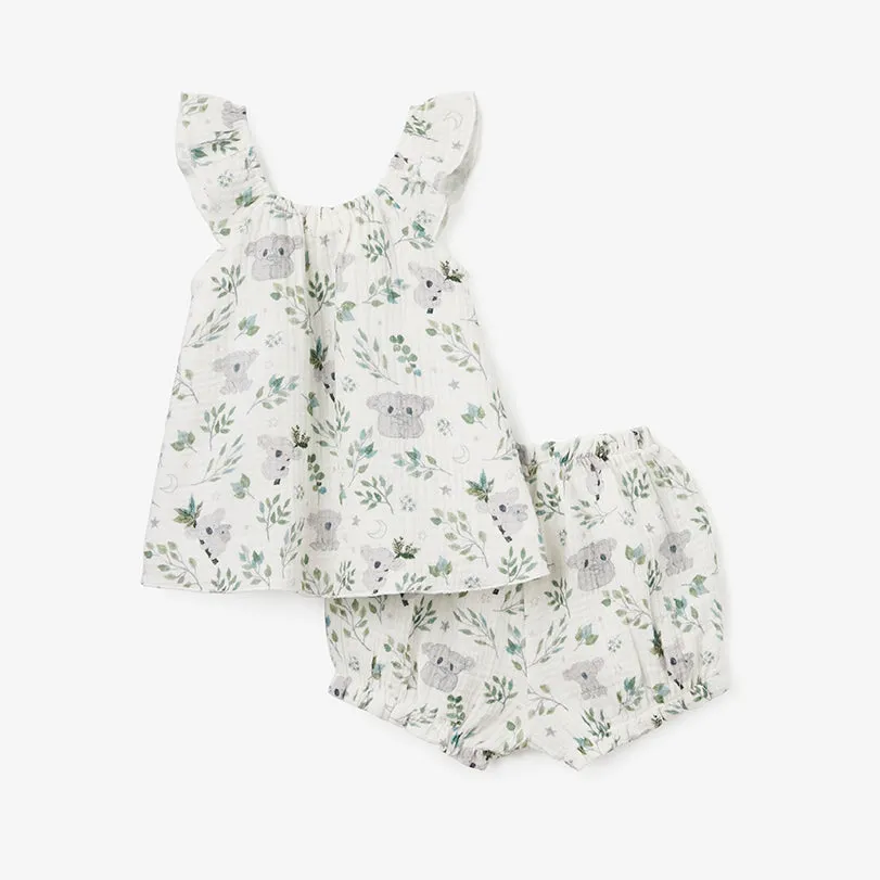 Koala Print Organic Muslin Flutter Sleeve Dress & Bloomer Set