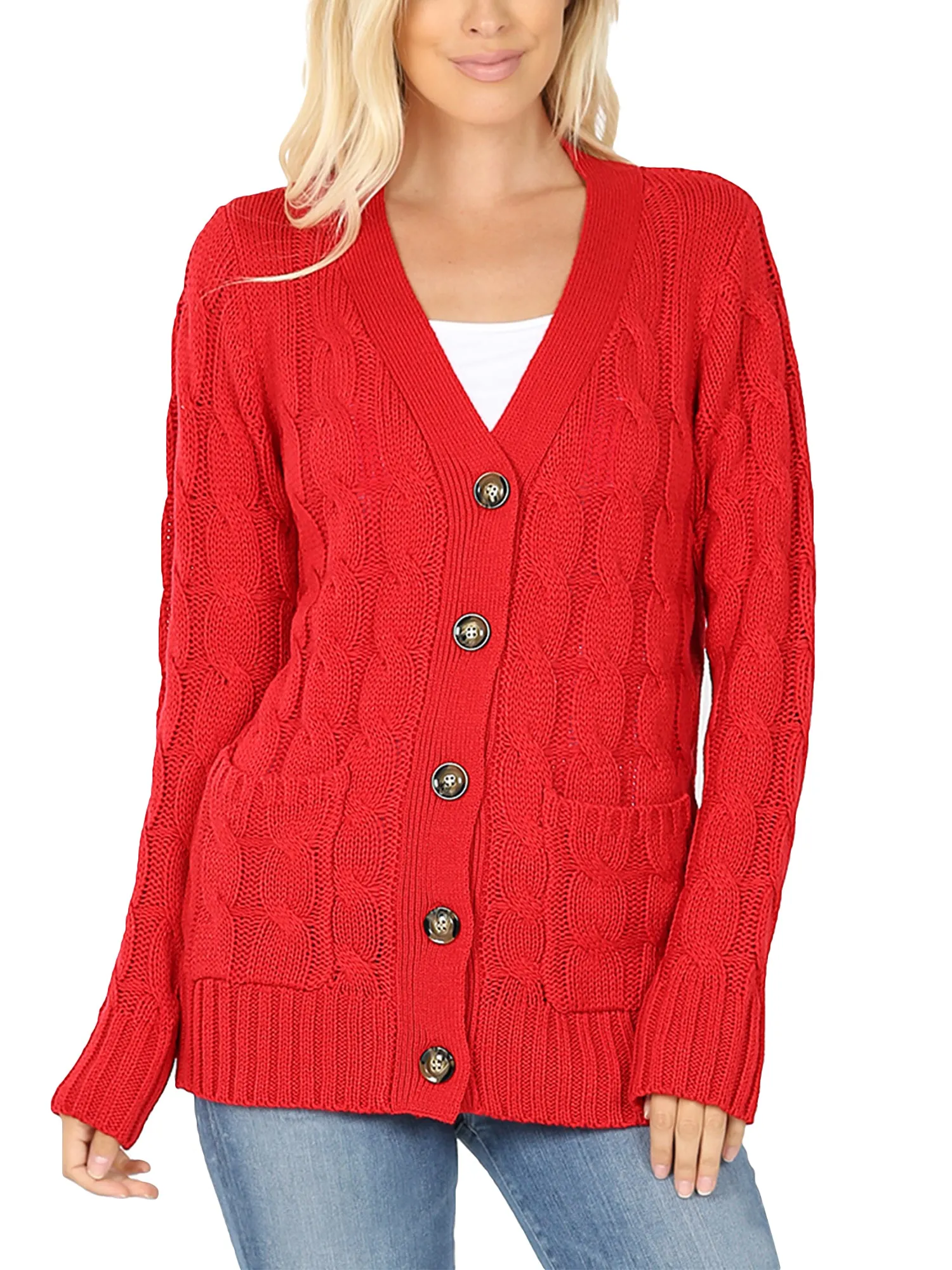 KOGMO Women's Cable Knit Sweater Cardigans with Buttons and Pockets