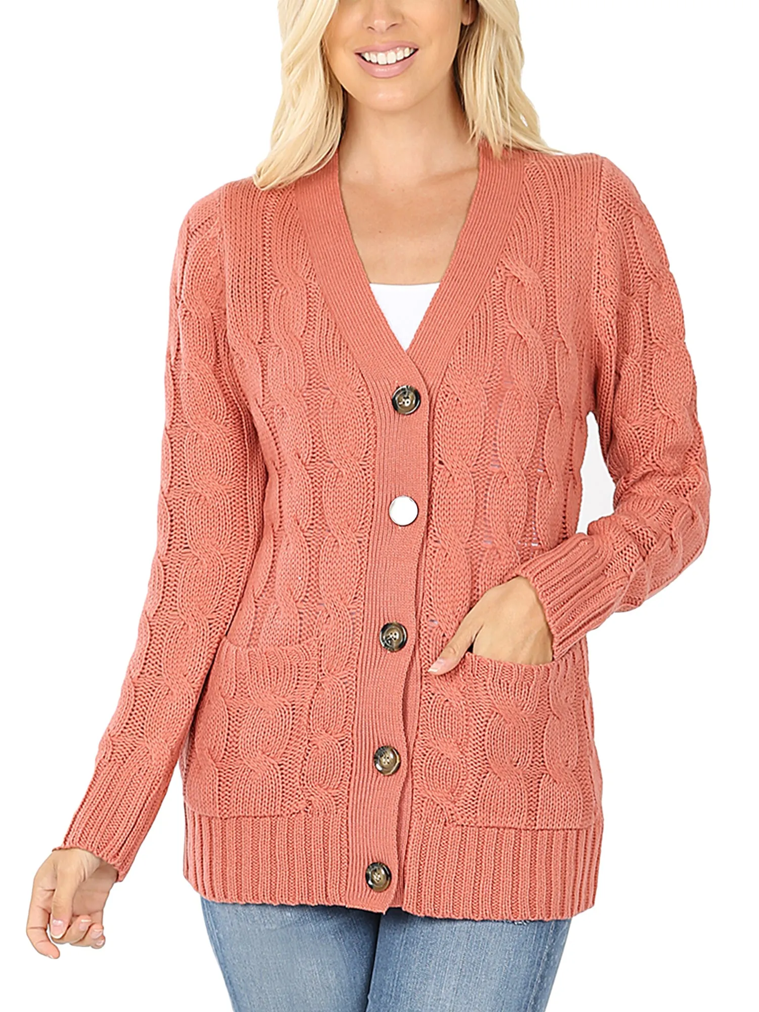 KOGMO Women's Cable Knit Sweater Cardigans with Buttons and Pockets