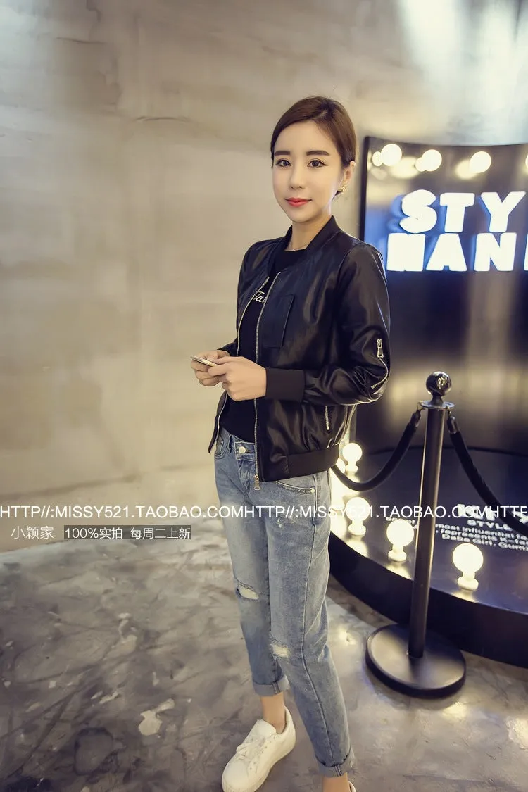 Korean Trendy Zipper Solid Colored Round-Neck Jacket Long Sleeved Slim Look PU Women Outerwear