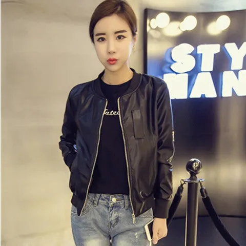 Korean Trendy Zipper Solid Colored Round-Neck Jacket Long Sleeved Slim Look PU Women Outerwear