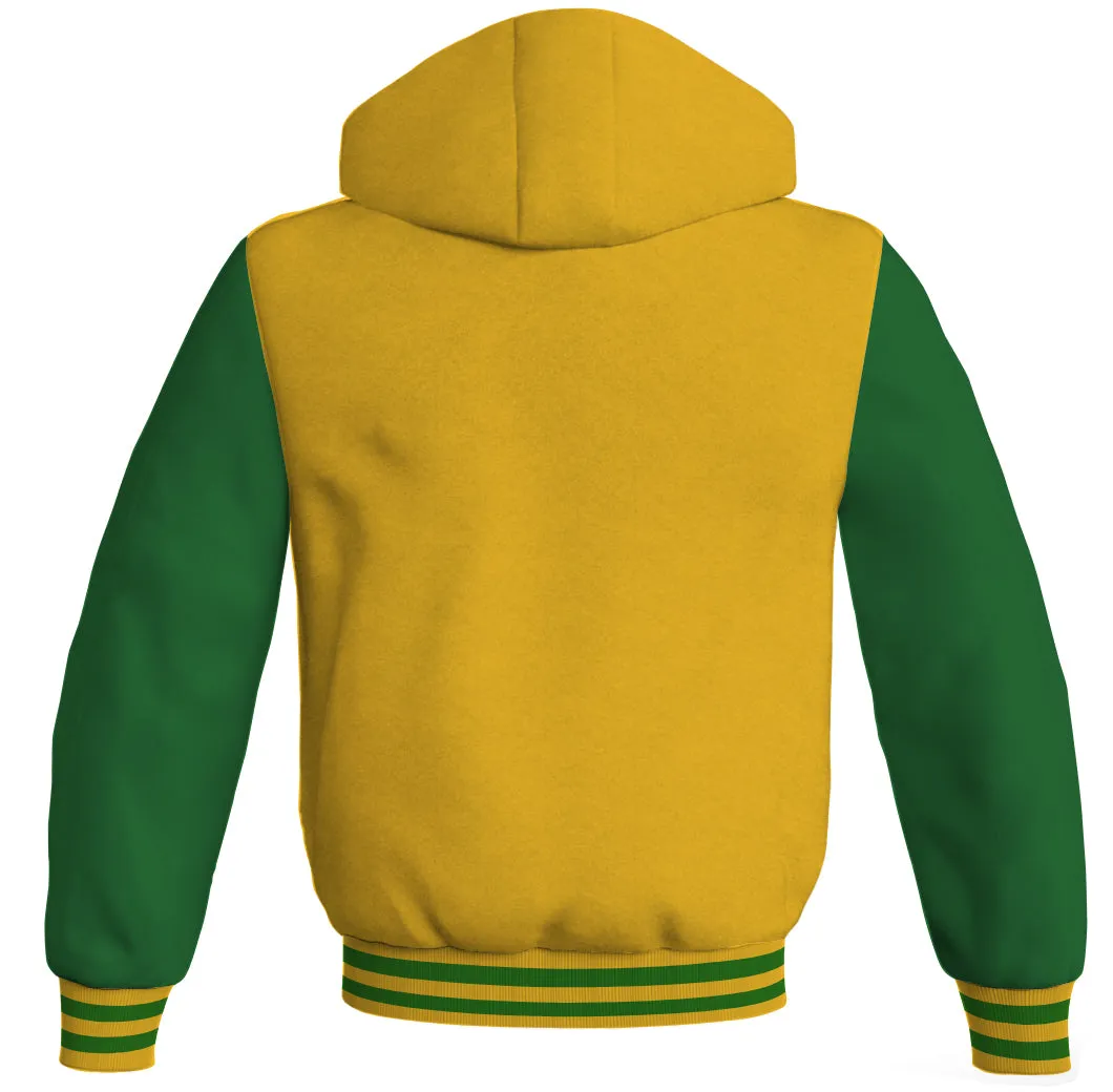 Letterman Bomber Hoodie Jacket Yellow/Gold Body Green Leather Sleeves