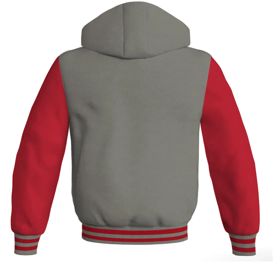 Letterman Hoodie Gray Body and Red Leather Sleeves Varsity Hoodie