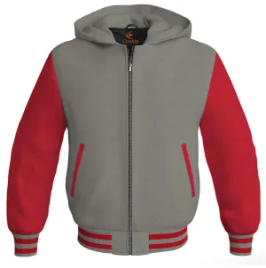 Letterman Hoodie Gray Body and Red Leather Sleeves Varsity Hoodie