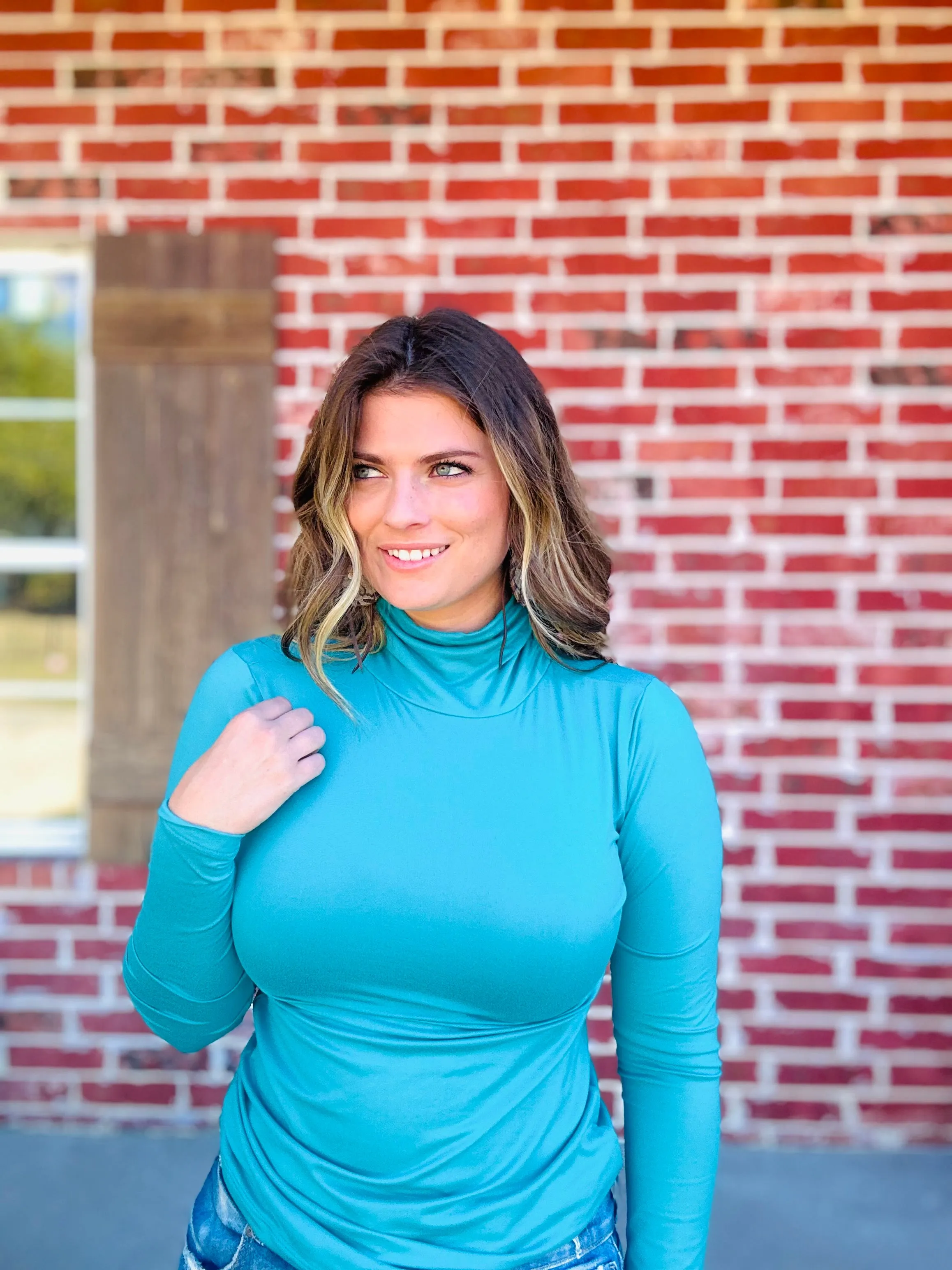 Light Teal Mock Neck Casual Long Sleeve