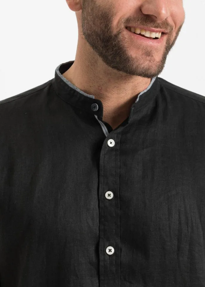 Linen shirt with short sleeves and stand collar Bpc Selection, black