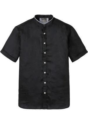 Linen shirt with short sleeves and stand collar Bpc Selection, black