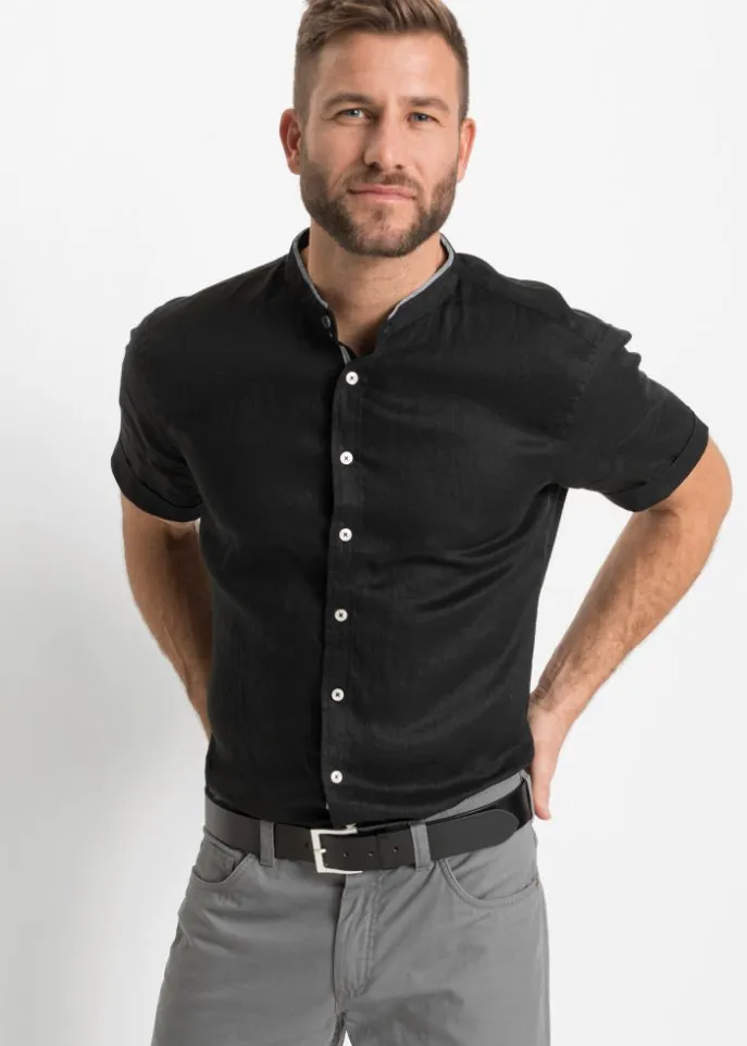 Linen shirt with short sleeves and stand collar Bpc Selection, black