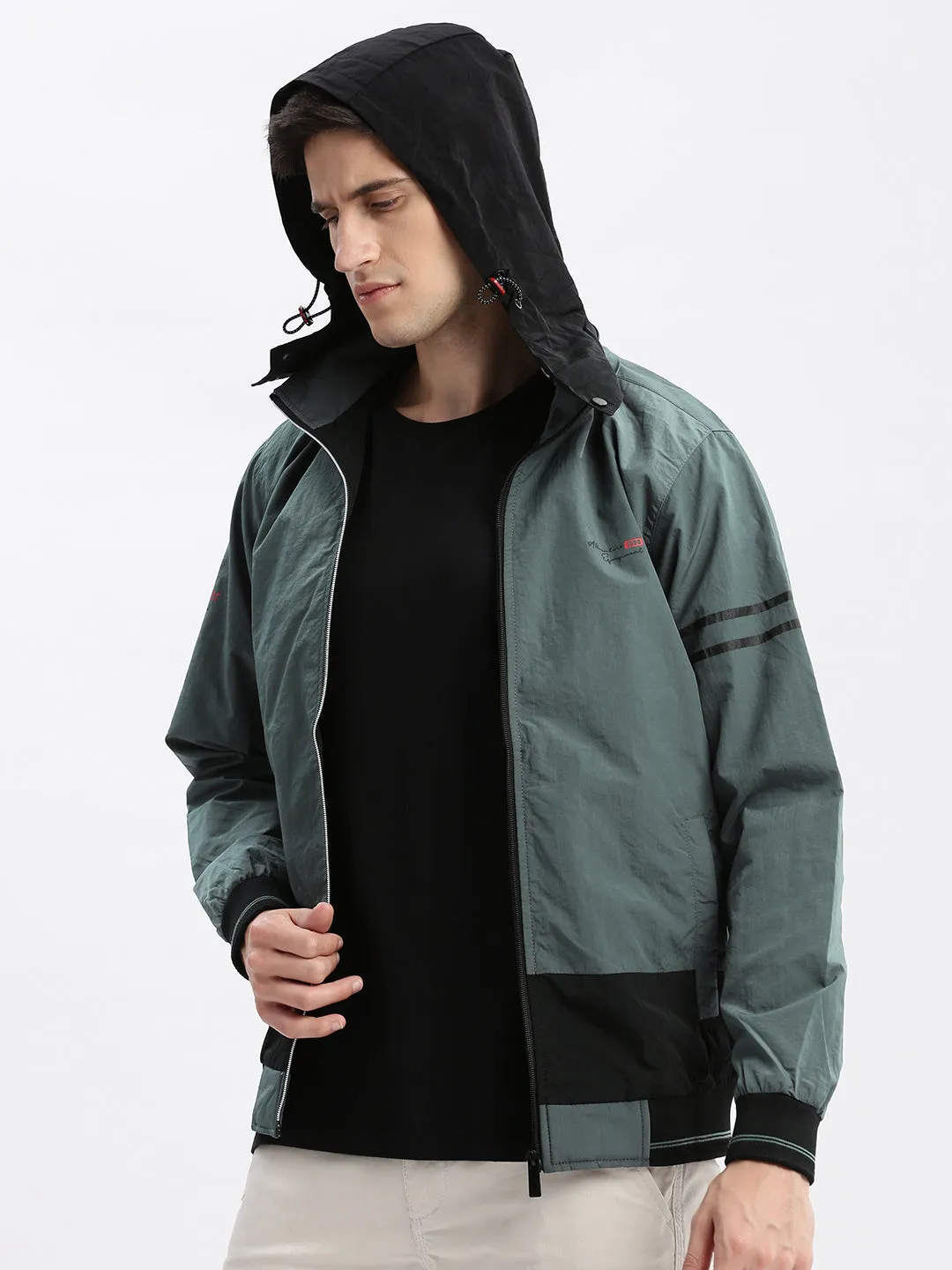 Men Colourblocked Mock Collar Teal Bomber Jacket Comes with Detachable Hoodie