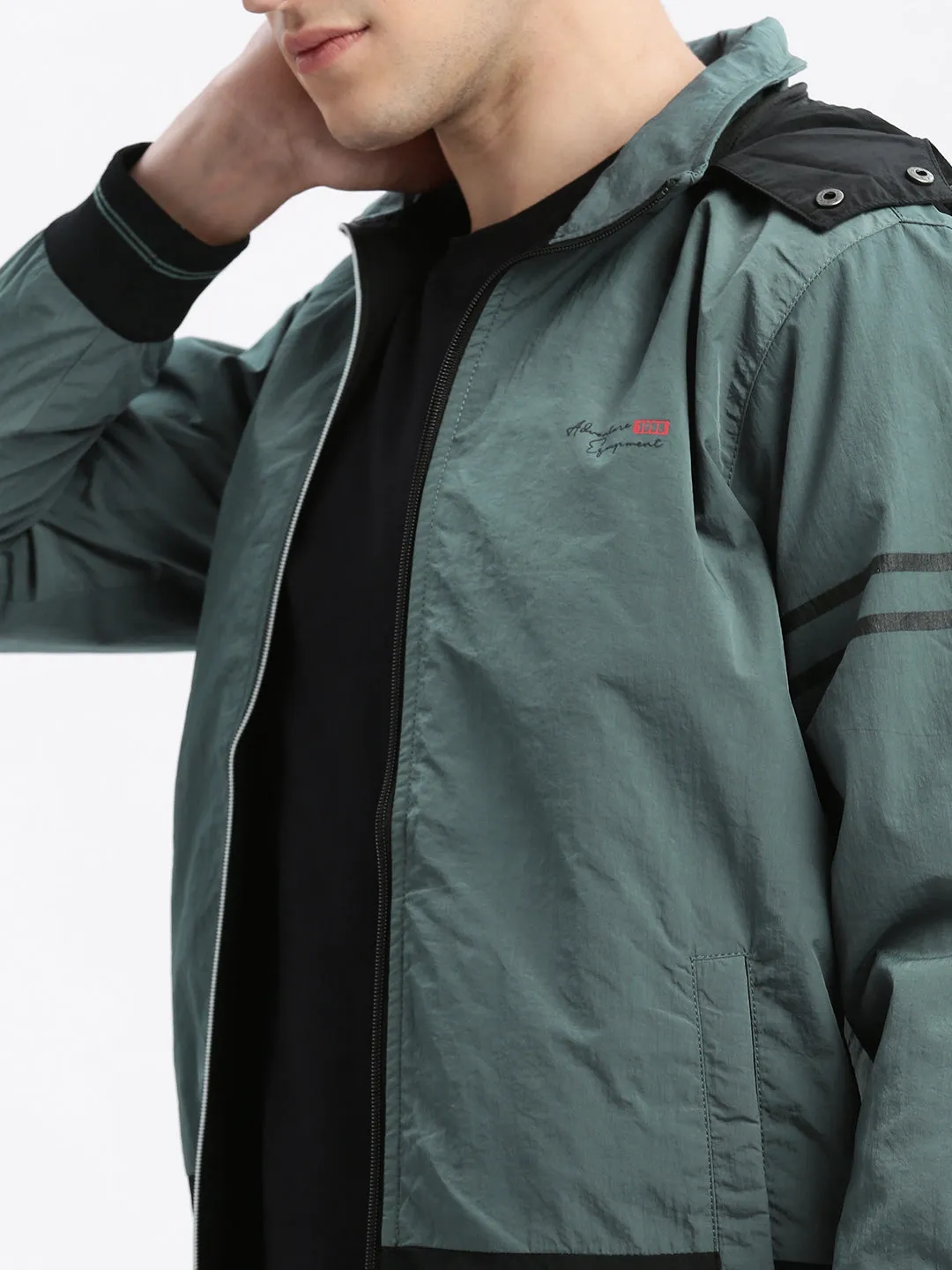 Men Colourblocked Mock Collar Teal Bomber Jacket Comes with Detachable Hoodie