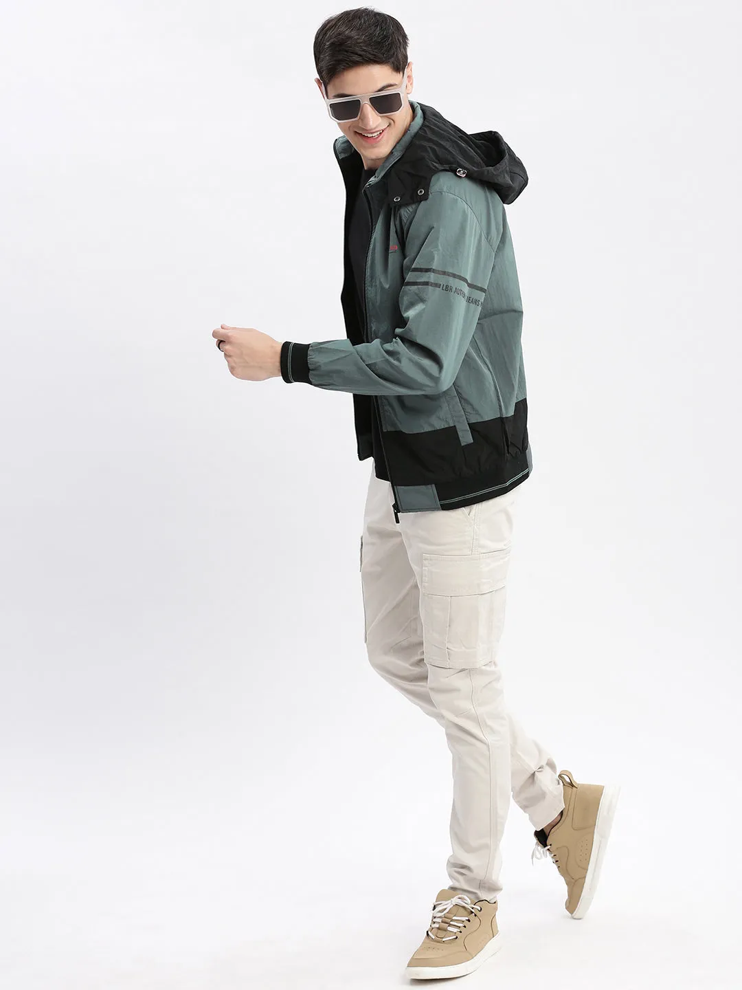 Men Colourblocked Mock Collar Teal Bomber Jacket Comes with Detachable Hoodie