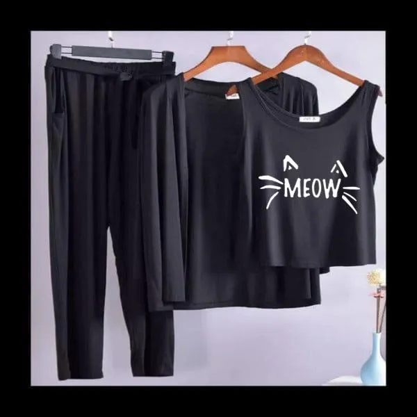 Meow Women Night Suit PJ 3 Pieces Set