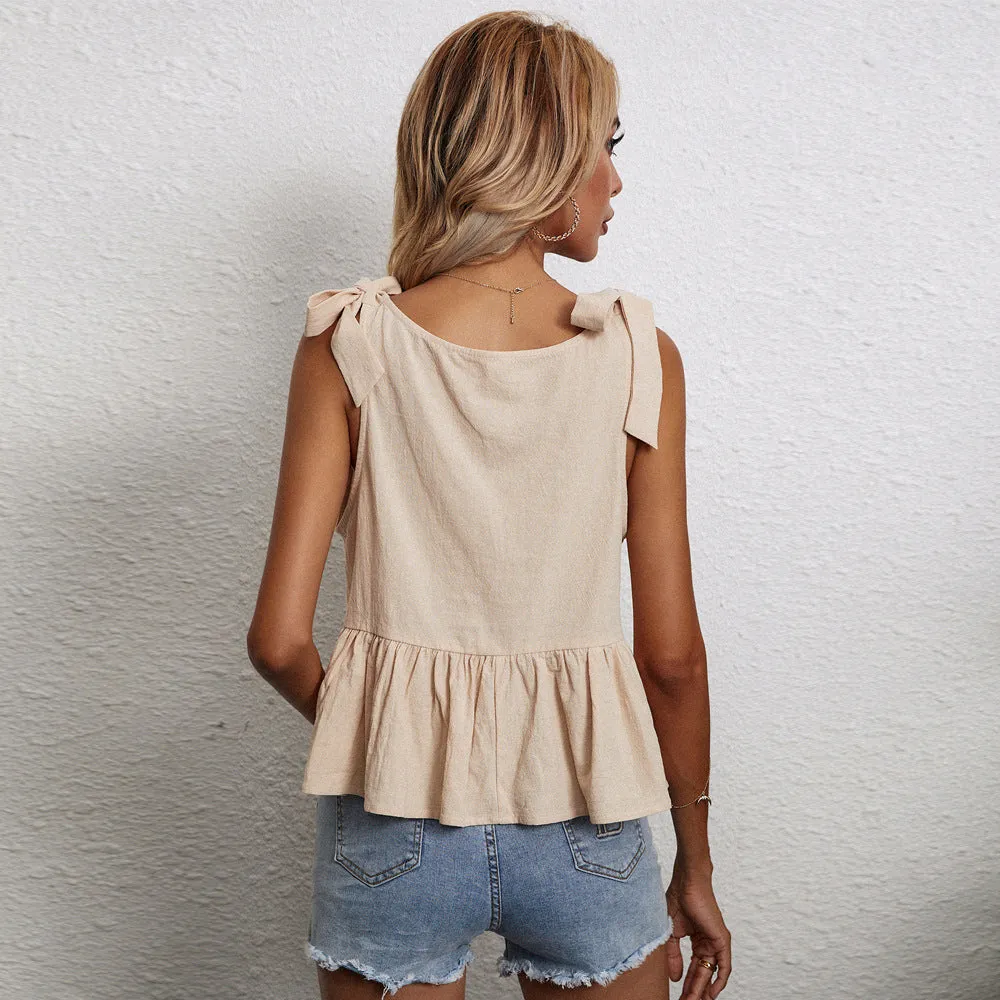 Ruffled Wholesale Tank Tops Casual Style Cotton And Linen Women Tops