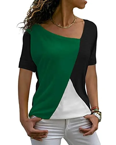 Sarin Mathews Womens Shirts Casual Tee Shirts Short Sleeve Patchwork Color Block Loose Fits Tunic Tops Blouses InkGreen Black XL